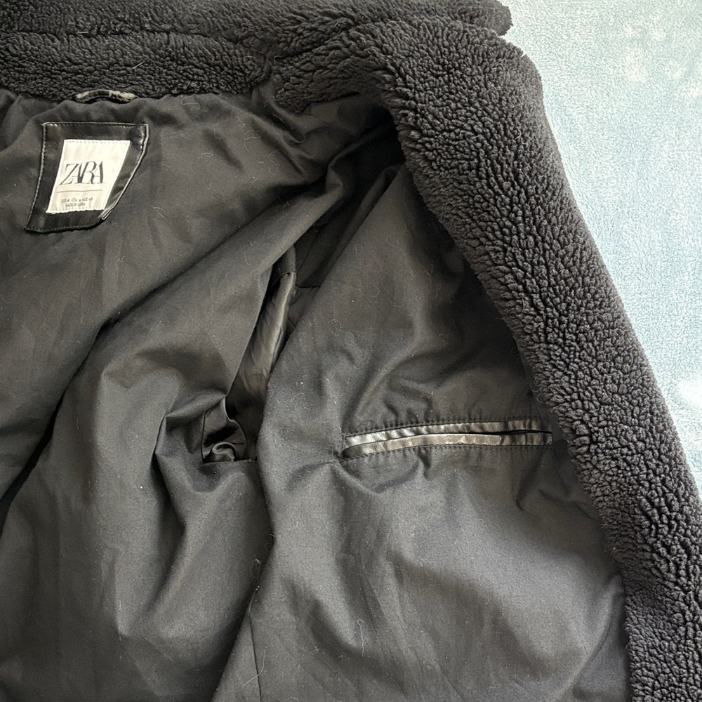 Zara Black Teddy Jacket with Faux Leather Accents - Picture 9 of 15